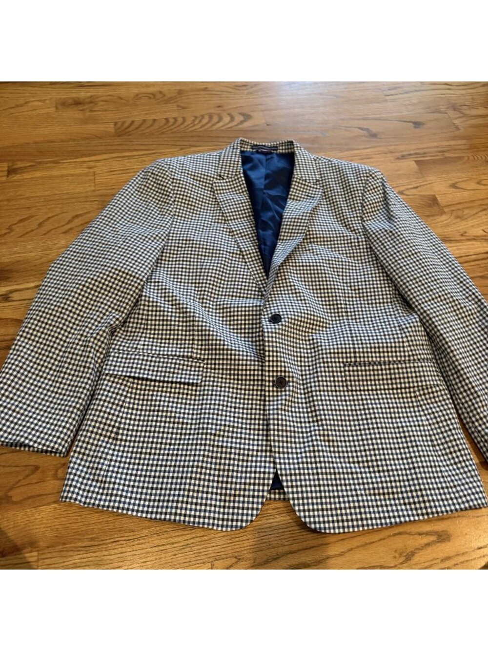 Tommy Hilfiger Mens Black Blue Plaid Sport Coat Blazer 46R